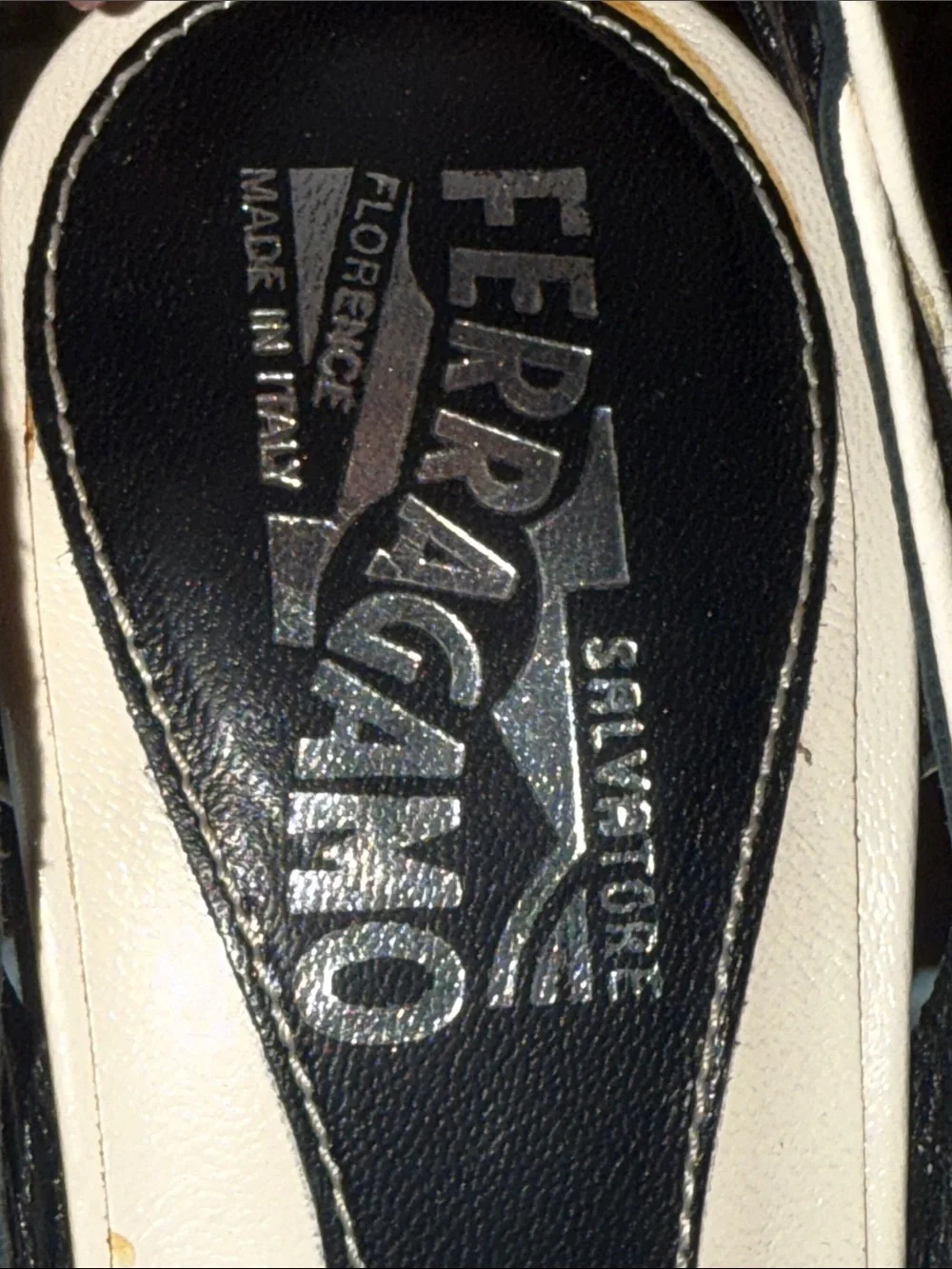 Salvatore Ferragamo Black and Cream Wedge Sandals